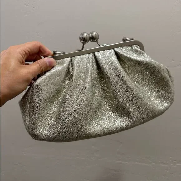 Silver Glitter Sheepskin Handmade Kisslock Slouchy Clutch/Wristlet/Crossbody